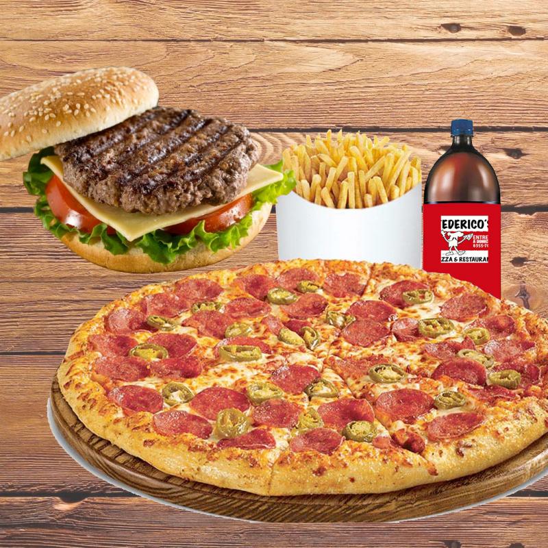 Combo Pizza Familiar + 1 hamburguesa + Papitas + Soda