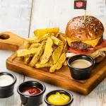 TOCINO CHEESE CHORIZO BURGER + PAPAS