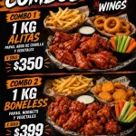 1 kg alitas, papas , aros y vegetale
