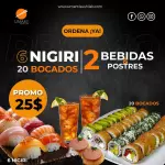 6Nigiri, 20Rollos, 2Té, 2Postre