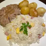 Fraldinha ao vinho com arroz biro biro e bata