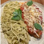 Fetuccini al pesto Milanesa Parmigia