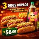 3 dogs +fritas + refrigerante 2l