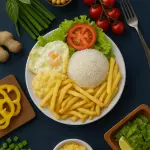 Ovos com arroz e fritas