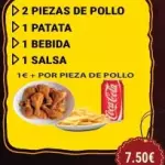 2 piezas pollo, 1 pat, 1 beb, 1 sals