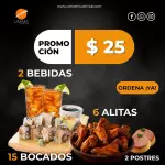 15 Rollos, 6Alitas, 2Té, 2 postre