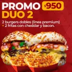 2 burgers Dobles + 2 papas Cheddar
